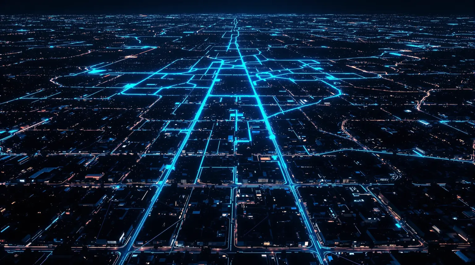 Stadt bei Nacht von oben - leuchtende Netz-Adern breiten sich aus