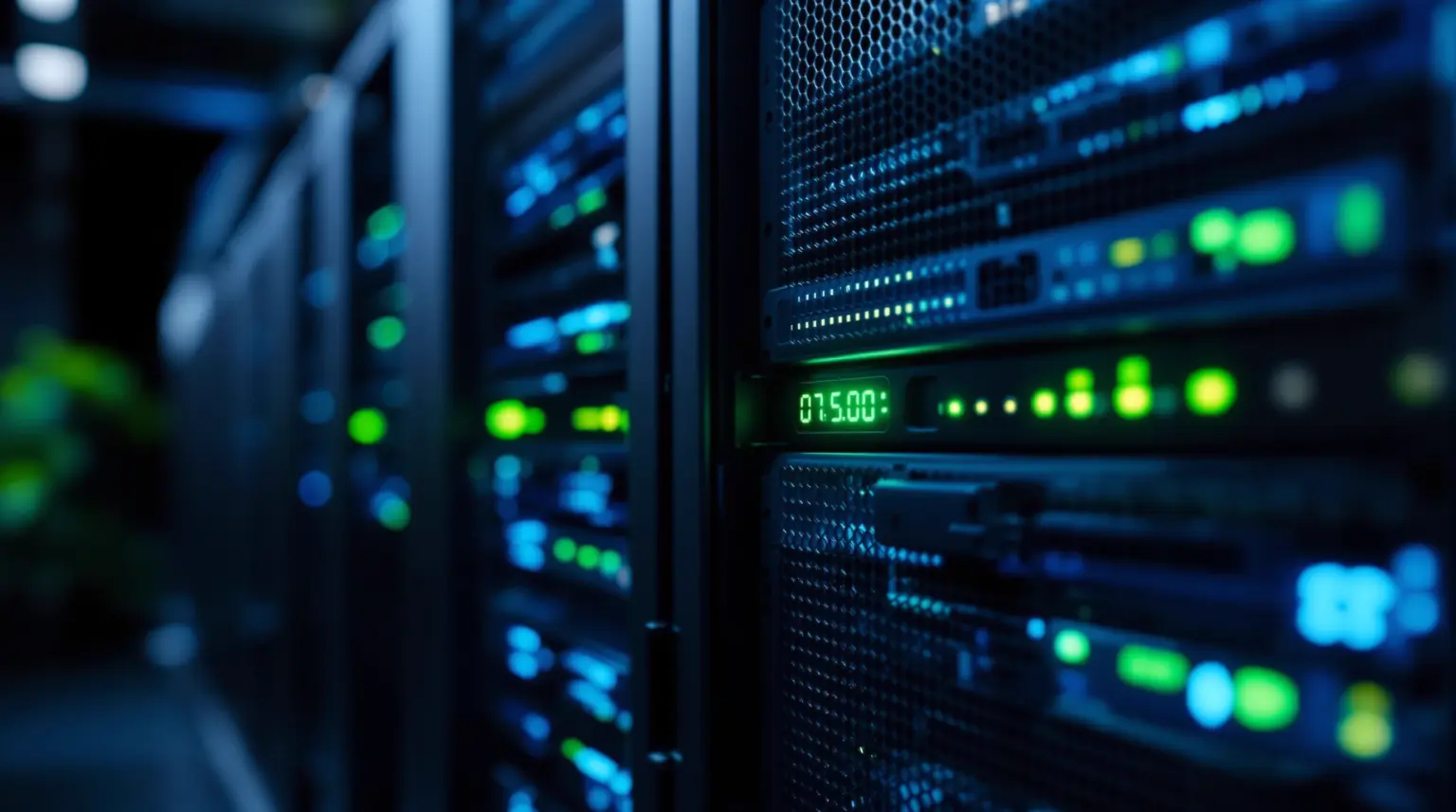 Server-Rack im Rechenzentrum mit blau-grünen Status-LEDs