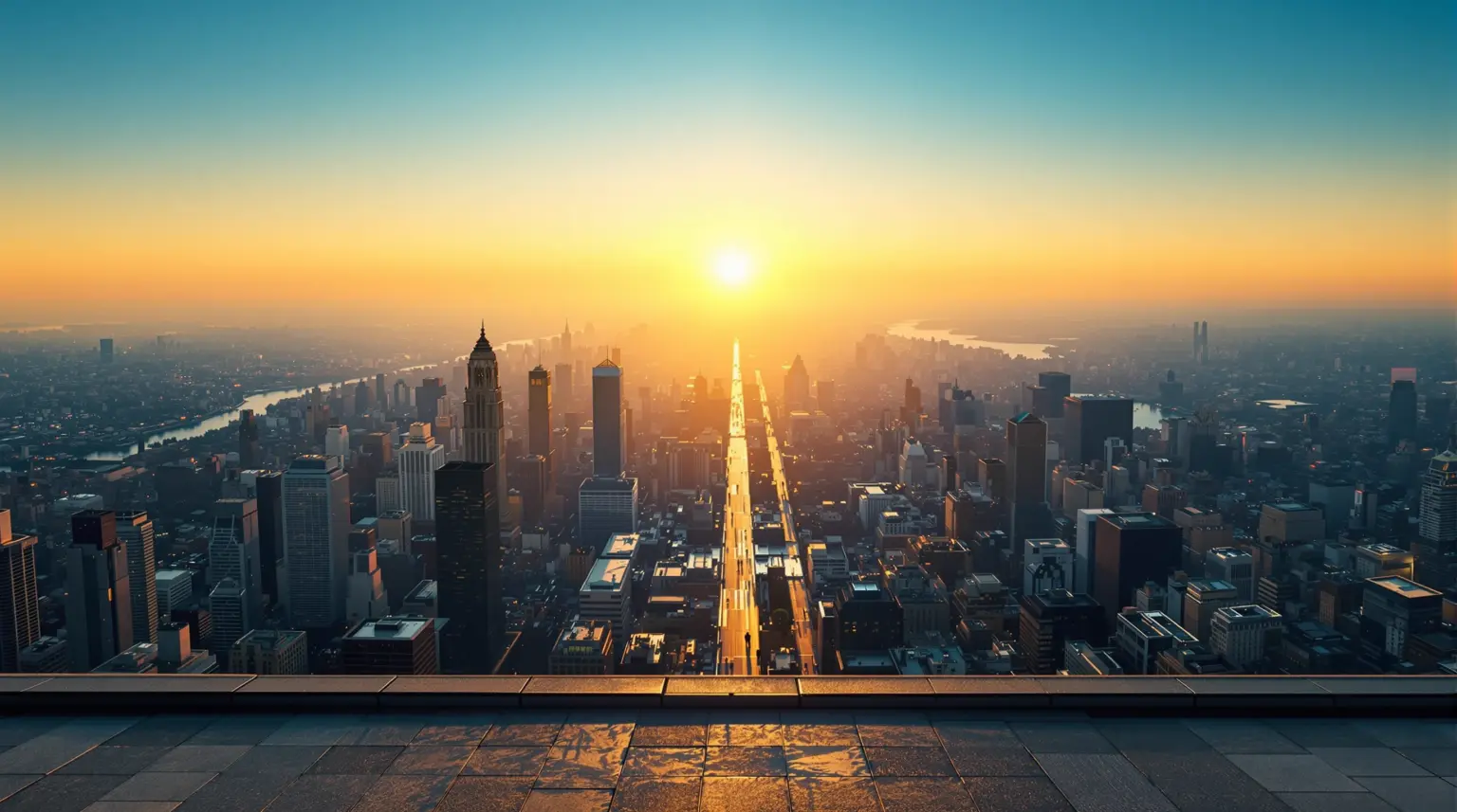 Blick über das Stadtnetz Richtung leuchtendem Horizont bei Sonnenaufgang