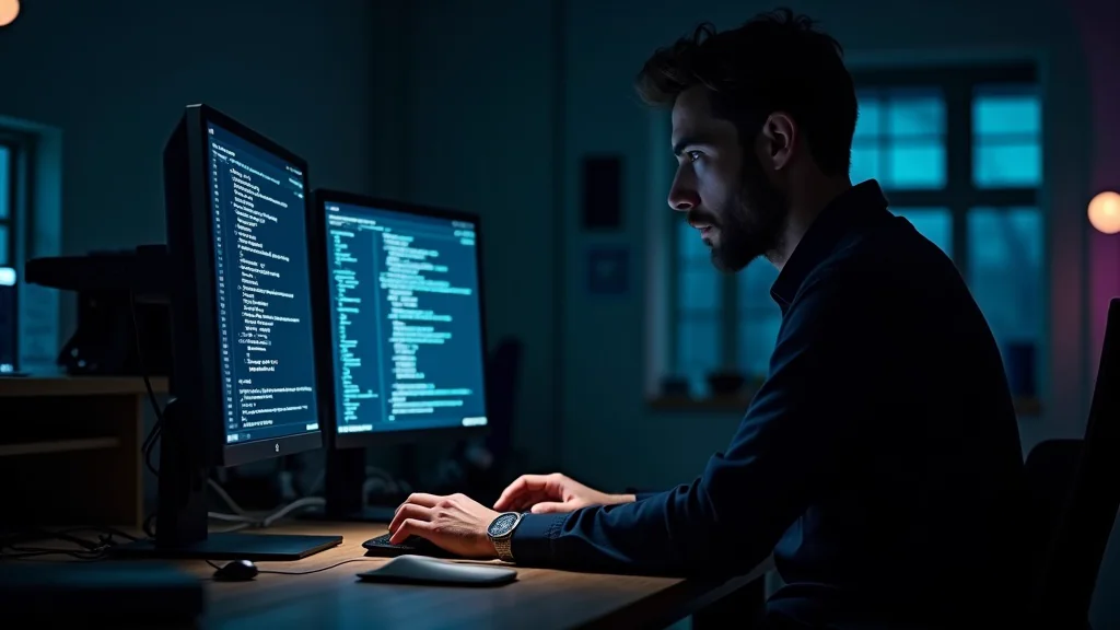Founder bei Nacht an zwei Code-Monitoren im dunklen Werkstatt-Look - KI setzt um, der Mensch entscheidet