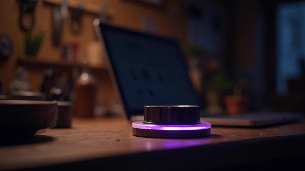 Werkstatt-Schreibtisch im Abendlicht, im Vordergrund ein grosser Drehregler mit violettem Schimmer - Sinnbild dafuer, den KI-Aufwand pro Aufgabe zu dosieren