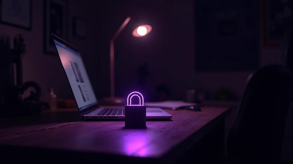 Dunkler Schreibtisch mit Laptop, davor ein violett leuchtendes, stilisiertes Vorhaengeschloss - Symbol fuer die Sicherheitsluecke bei KI-Agenten mit Systemzugriff