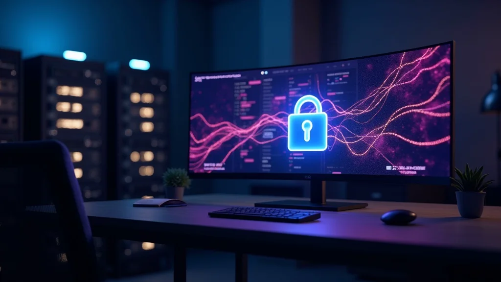 Serverraum mit Schreibtisch und Bildschirm, stilisiertes halb offenes Schloss-Symbol ueber einem Datenbank-Icon, ruhige Buero-Atmosphaere mit violettem Akzentlicht