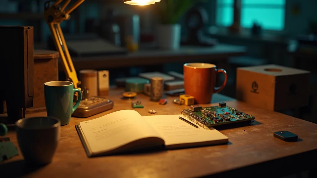 Ein Founder-Werkstatt-Schreibtisch im warmen Lampenlicht mit offenem handschriftlichem Notizbuch und einem frühen Hardware-Prototyp mit Platine - fünf Jahre eigenes Hardware-Startup.