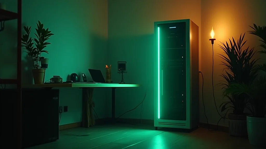 Ein einzelner, aufgeräumter Server läuft ruhig mit grünem Status-Licht in einer Büroecke - Sinnbild für einen Automations-Stack, der ohne dich weiterläuft.