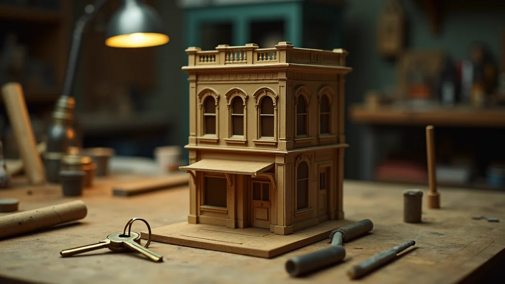 Werkstatt mit handgefertigtem Miniatur-Ladenmodell und uebergebenen Schluesseln - Sinnbild fuer einen fertig uebergebenen Shop