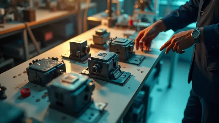 Mehrere unterschiedliche Technik-Bausteine nebeneinander auf einer Werkbank, eine Hand greift nach einem davon - Sinnbild fuer die Auswahl des passenden Shopsystems